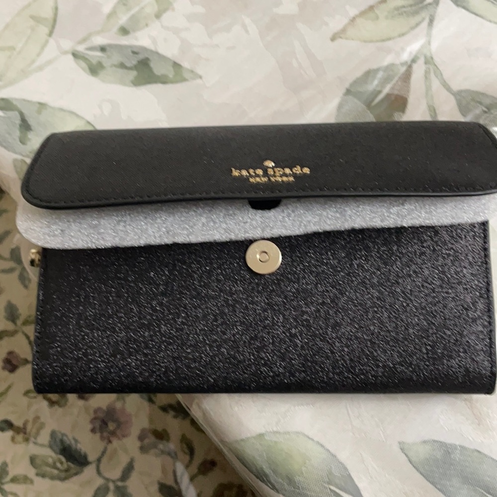 Kate Spade Shimmy Glitter Flap Phone Wallet Wristlet BLACK NEW